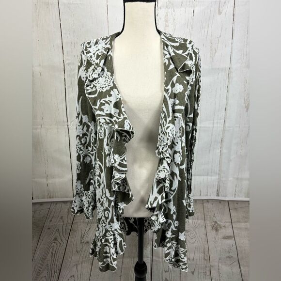 Renee Cardigan Open Front Ruffled Cardigan in Olive Green Abstract Floral - Picture 3 of 6